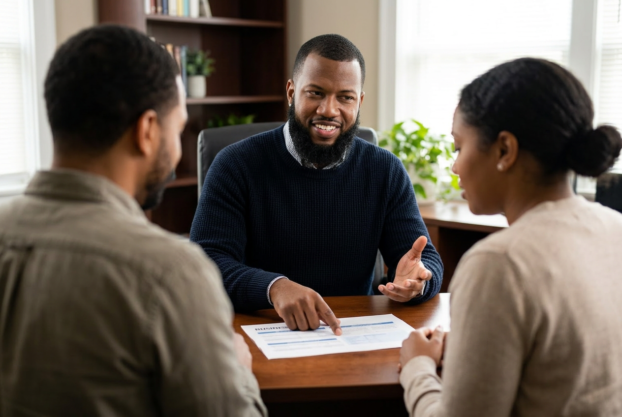 Travis Toussaint advising business owners across a desk