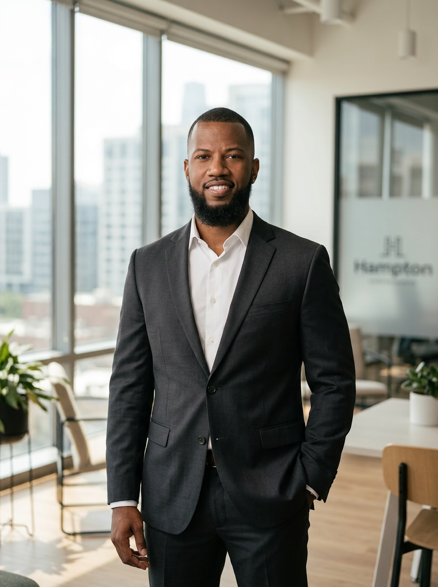 Travis Toussaint standing confidently in a modern office