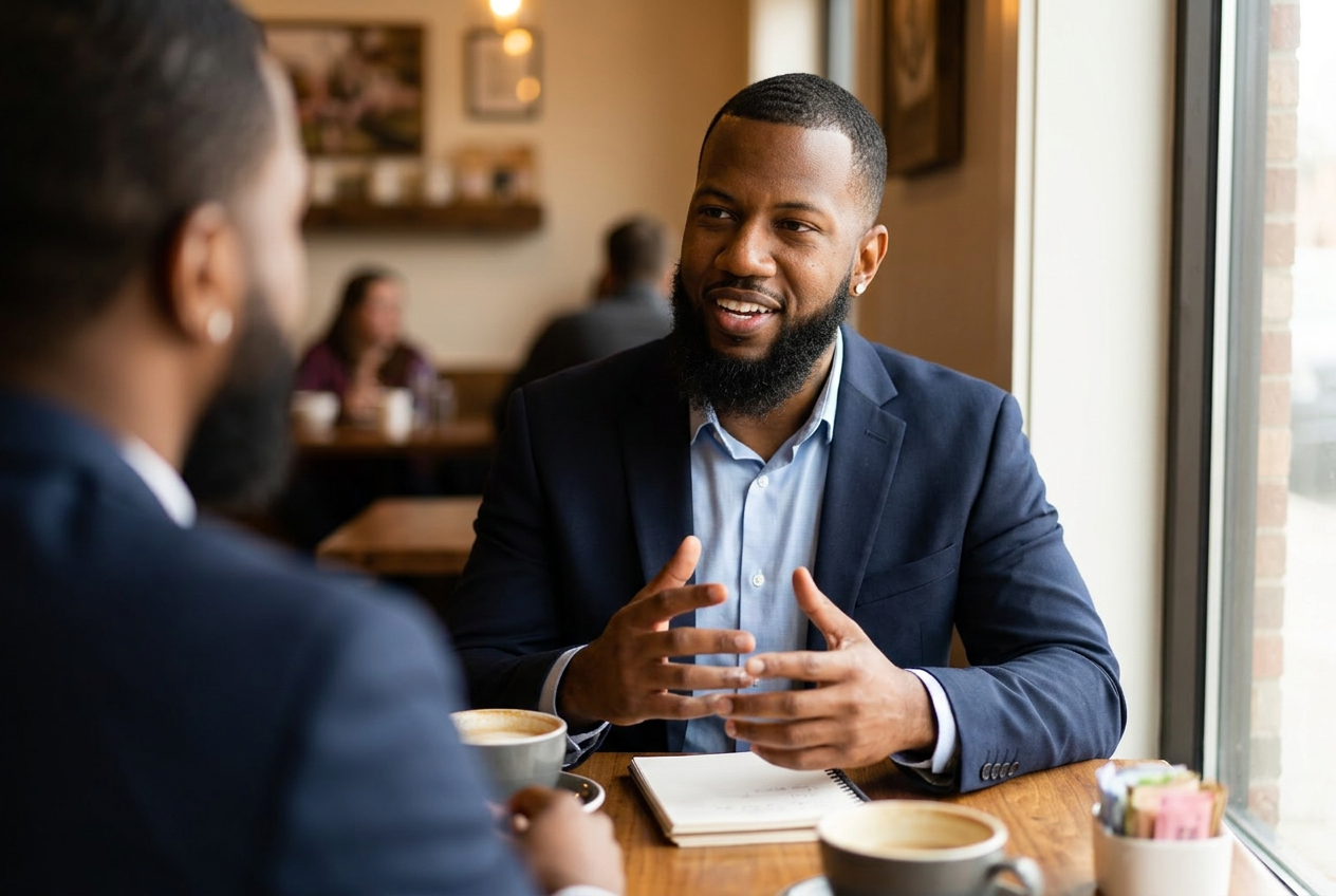Travis Toussaint in a one-on-one conversation with a business owner