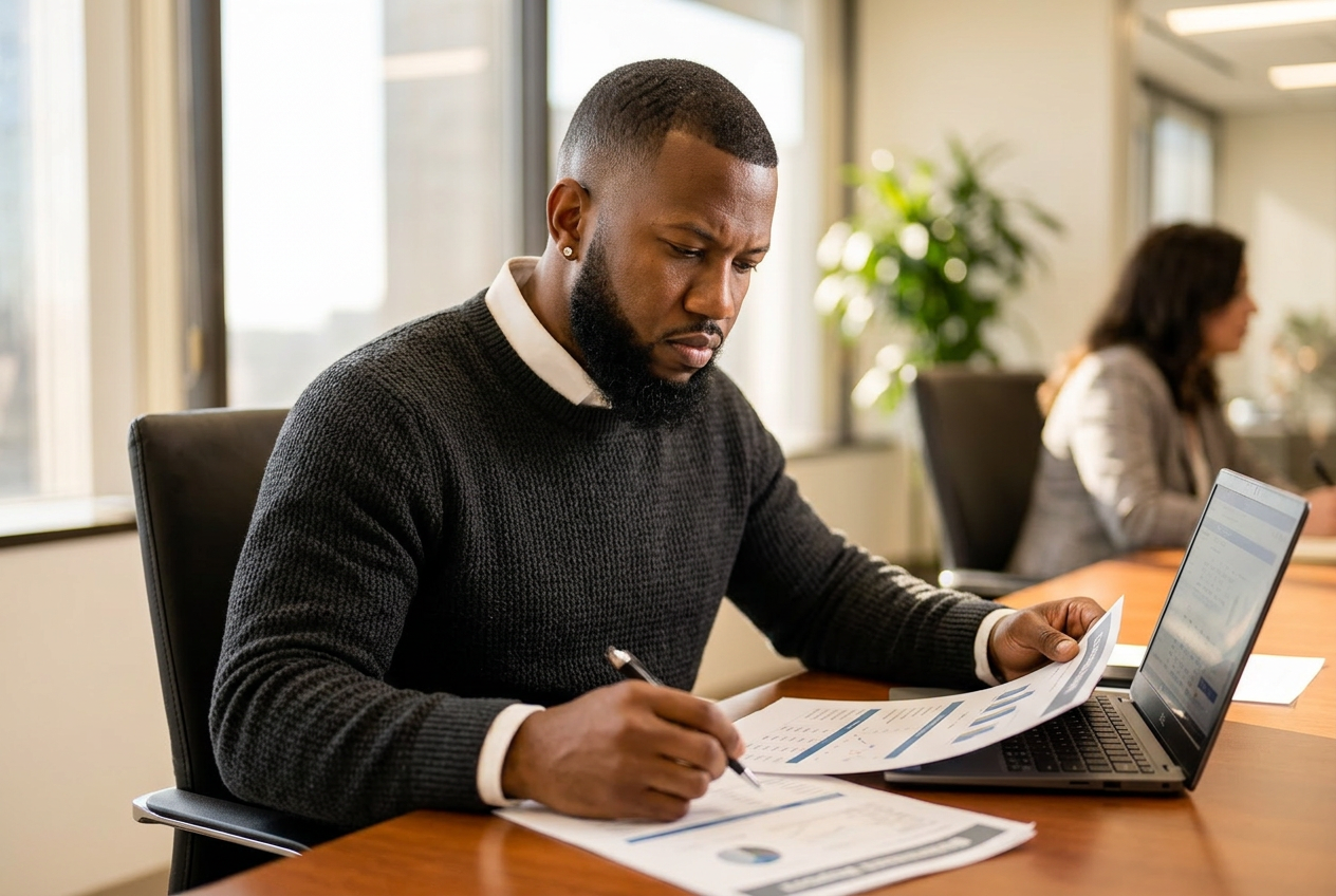 Travis Toussaint reviewing business documents