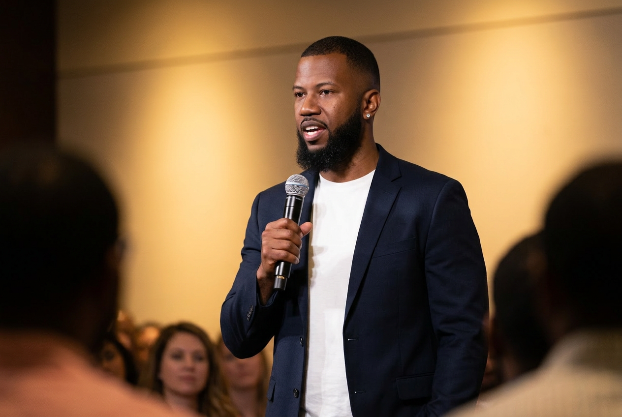 Travis Toussaint speaking at an event with a microphone
